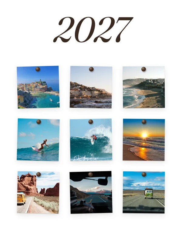 The Gallery wall template, shown with sample photos: a neat grid of pinned prints on white.
