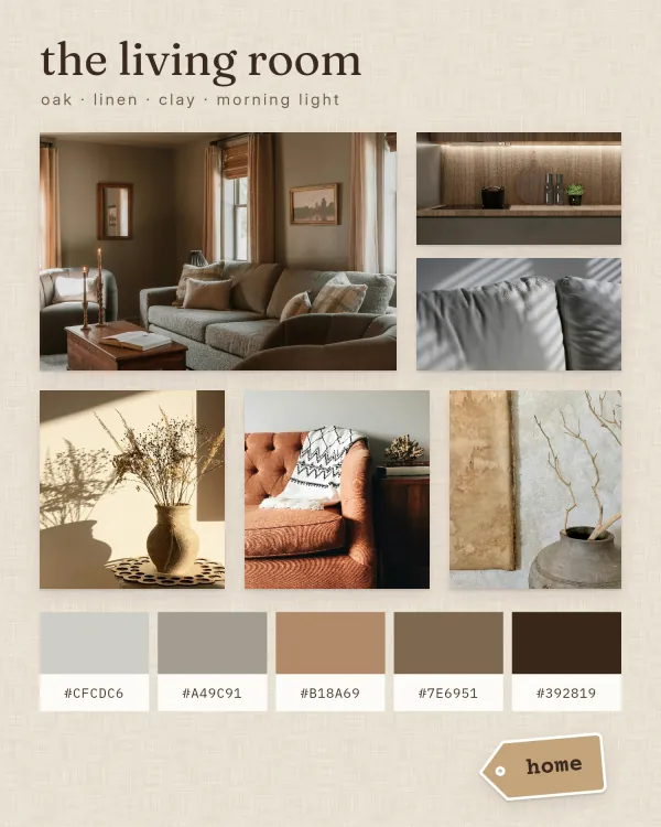 The Interiors template, shown with sample photos: rooms, materials and their palette on oat linen.