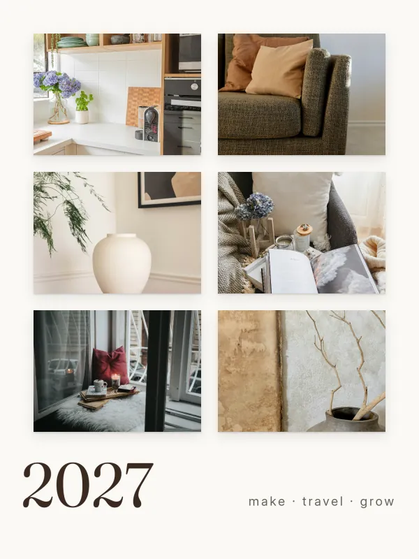 The Minimal grid template, shown with sample photos: square-set photos with soft shadows on ivory.
