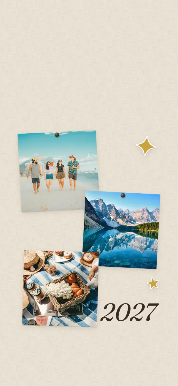 The New Year Lock Screen template, shown with sample photos: 2027 and three pinned photos, around the clock.