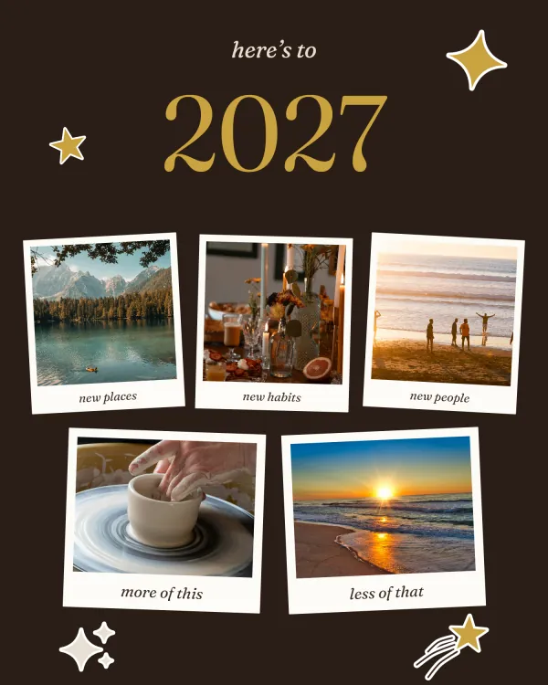The Midnight template, shown with sample photos: white frames and gold stars on espresso.