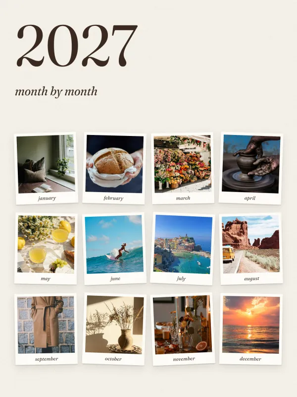 The Twelve months template, shown with sample photos: a photo and a caption for every month of 2027.
